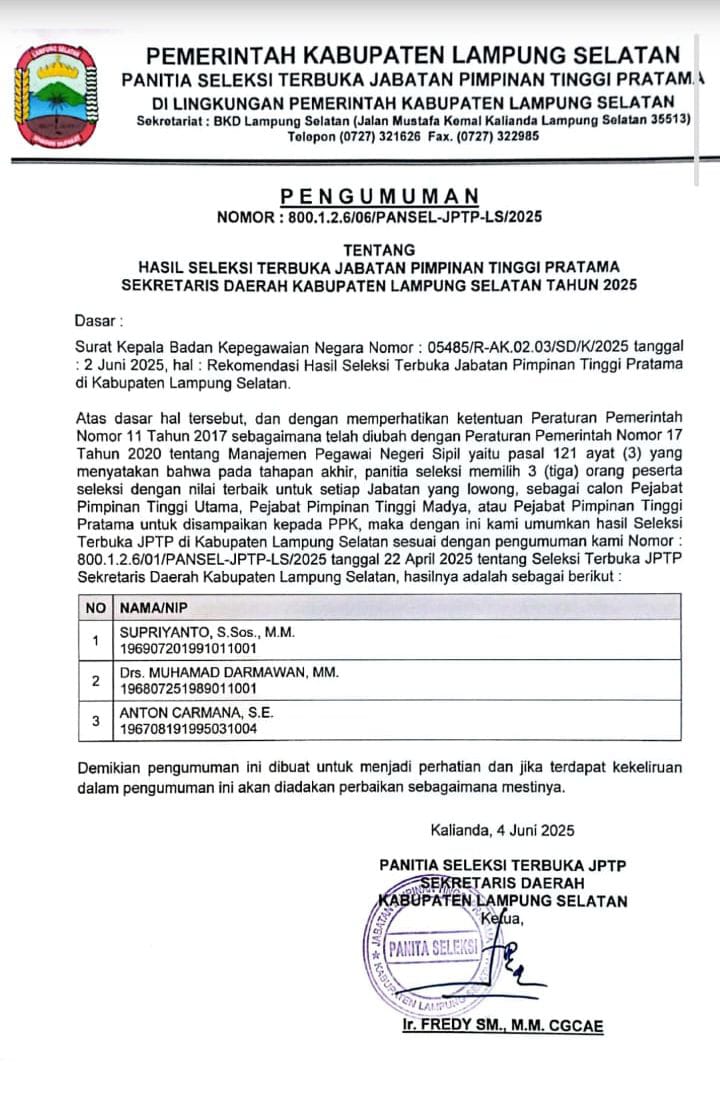 Semakin Meneguhkan Keyakinan Sebagai Pengantin, Supriyanto Teratas dalam Seleksi Sekda Lampung Selatan 2025